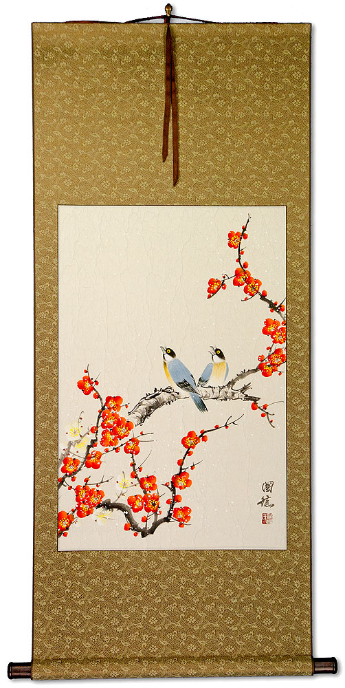 Birds & Bright Red-Orange Plum Blossom Wall Scroll