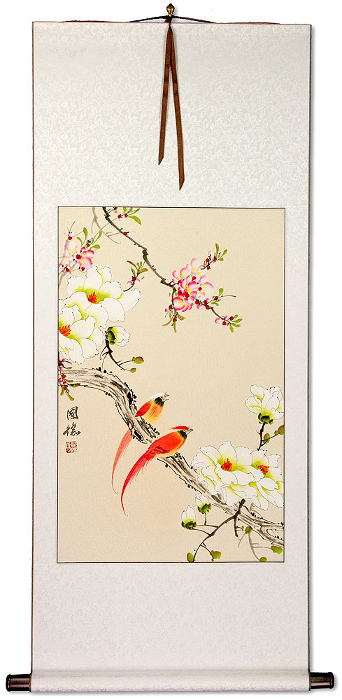 Cardinal Birds and Flowers Wall Scroll