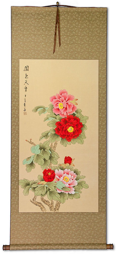 Large Red and Pink Peony Flower Wall Scroll