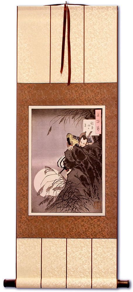 Samurai and Moon - Hideyoshi Climbs - Japanese Woodblock Print Repro - Wall Scroll