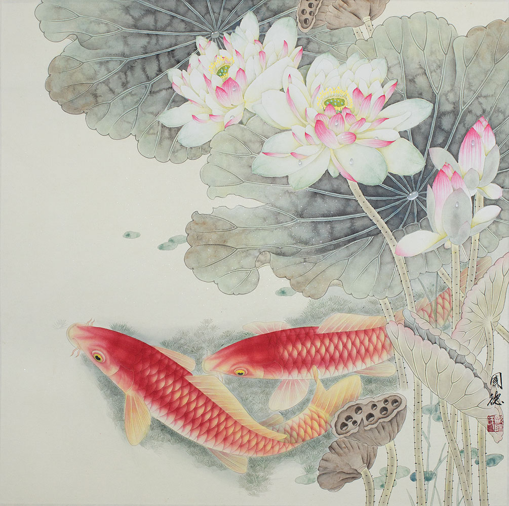 Koi Fish and Lotus Flower - Gorgeous Chinese Painting