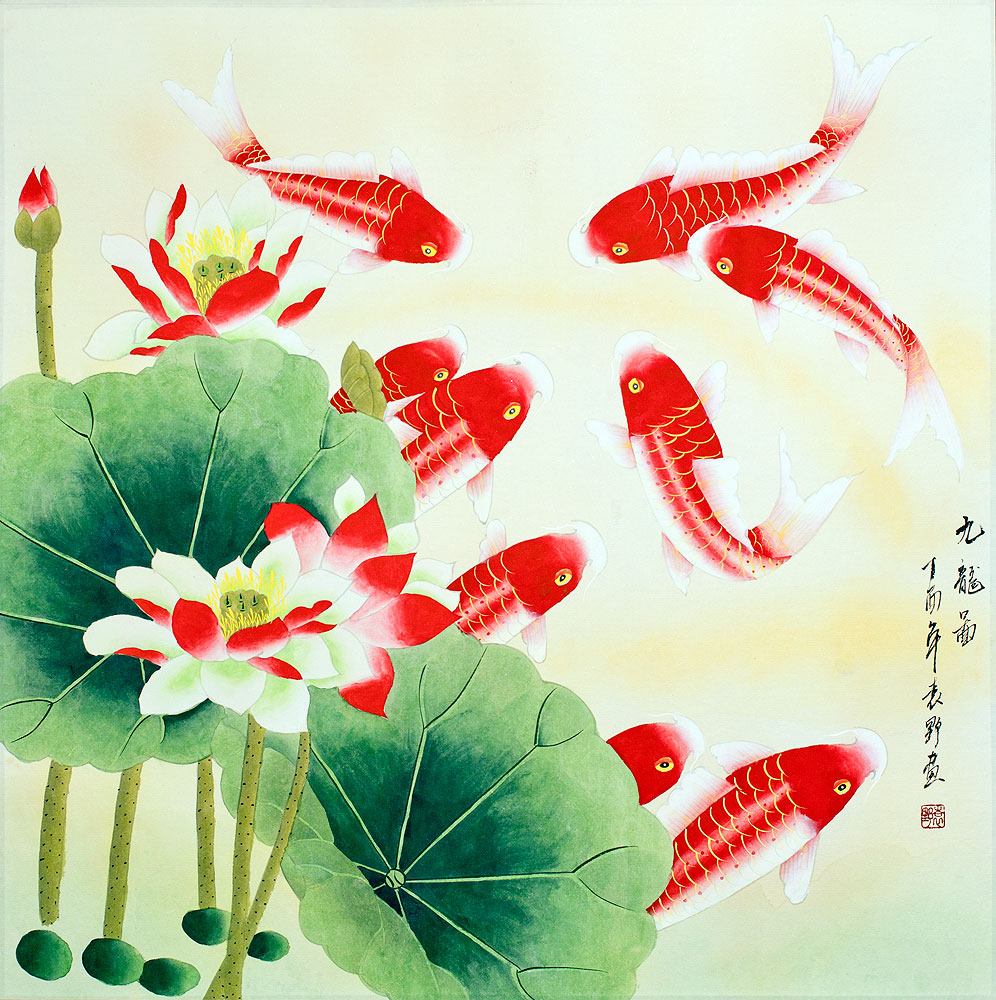 Large Koi Fish and Lotus Flowers Painting
