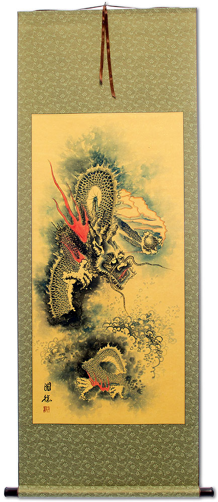 Flying Chinese Dragon and Lightning Pearl - Chinese Scroll