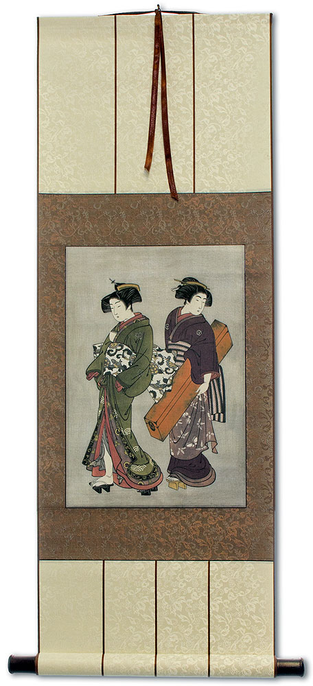 Geisha & Servant Carrying a Shamisen Box - Japanese Print Repro - Wall Scroll