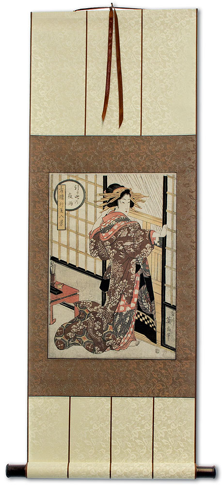 Geisha - Midnight Rain - Japanese Woodblock Print Repro - Wall Scroll