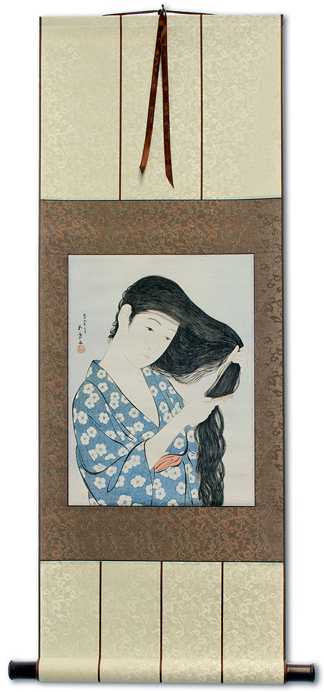 Woman in Blue Combing Hair - Japanese Woodblock Print Repro - Wall Scroll