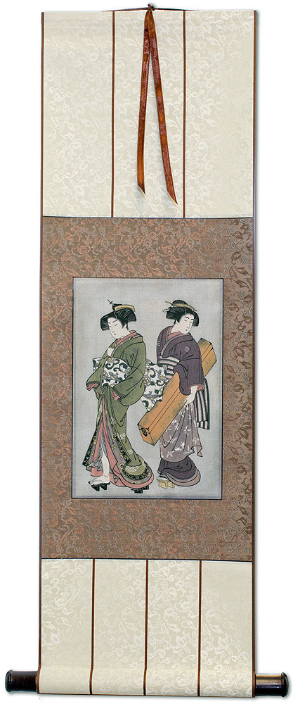 Geisha & Servant Carrying a Shamisen Box - Japanese Print - Small Wall Scroll