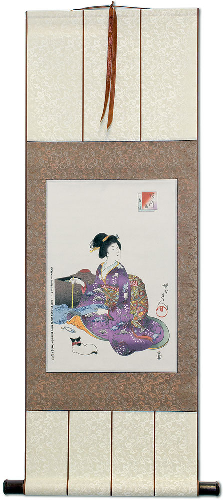 Geisha Woman Sewing - Japanese Woodblock Print Repro - Wall Scroll