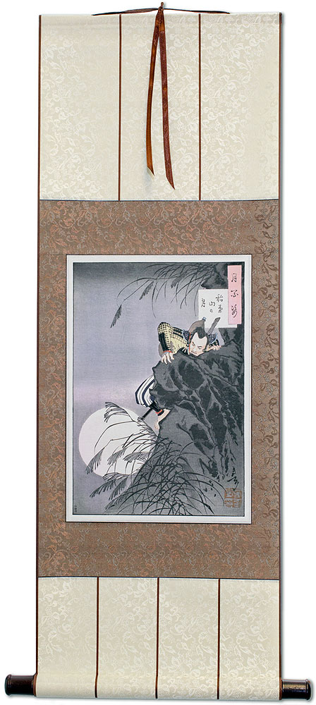 Climbing Samurai by Moon - Japanese Woodblock Print Repro - Wall Scroll