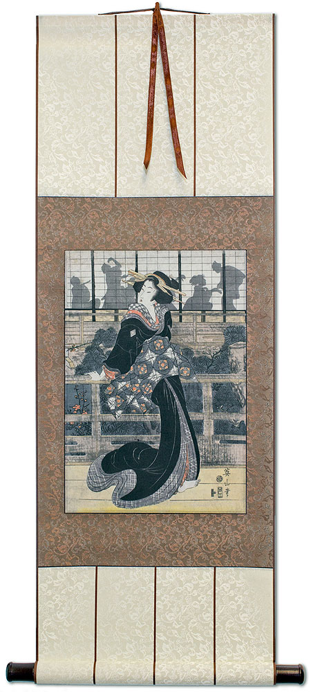 Geisha on the Veranda - Japanese Woodblock Print Repro - Wall Scroll