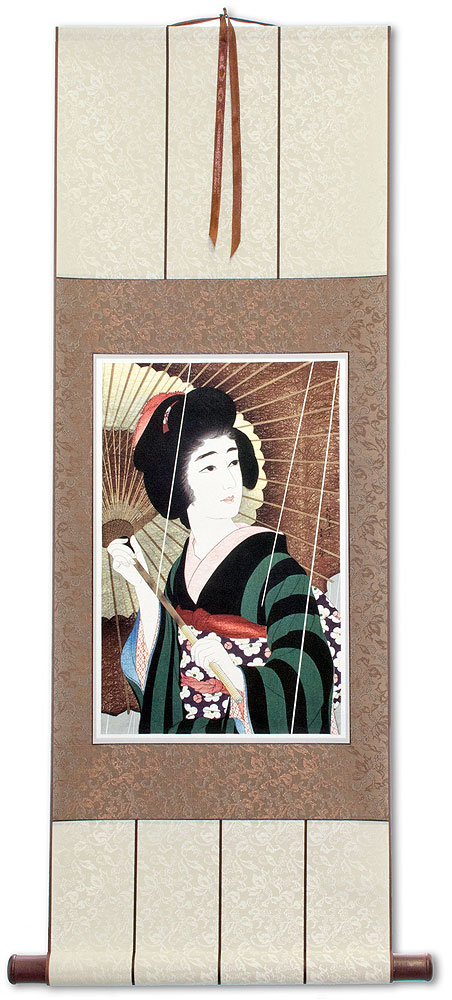 Rain - Woman & Parasol - Woodblock Print Repro - Japanese Scroll