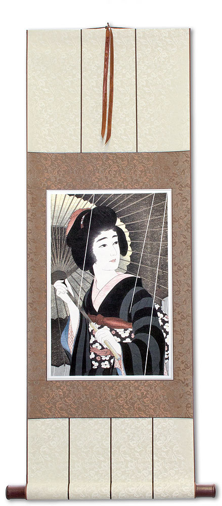 Rain - Woman & Parasol - Japanese Woodblock Print Repro - Wall Scroll