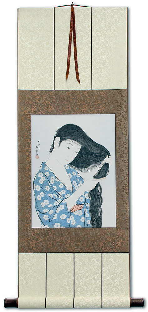 Japanese Woman Combing Hair - Woodblock Print Repro - Wall Scroll