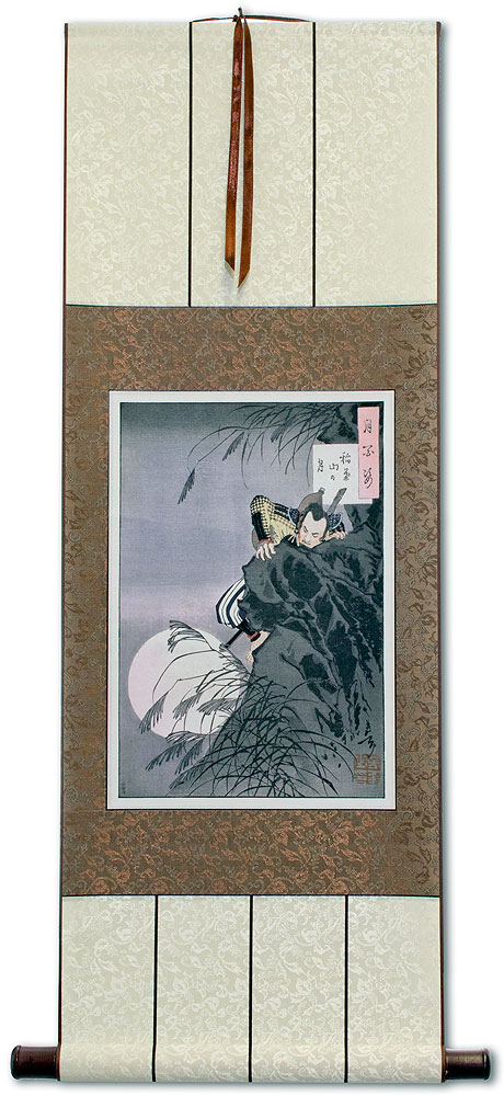 Samurai Warrior Climbing by Moon - Japanese Woodblock Print Repro - Wall Scroll