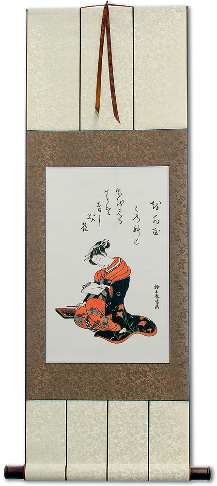 The Courtesan Kasugano Writing a Letter - Japanese Print Repro - Wall Scroll