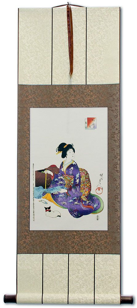 Woman Sewing - Japanese Woodblock Print Repro - Wall Scroll