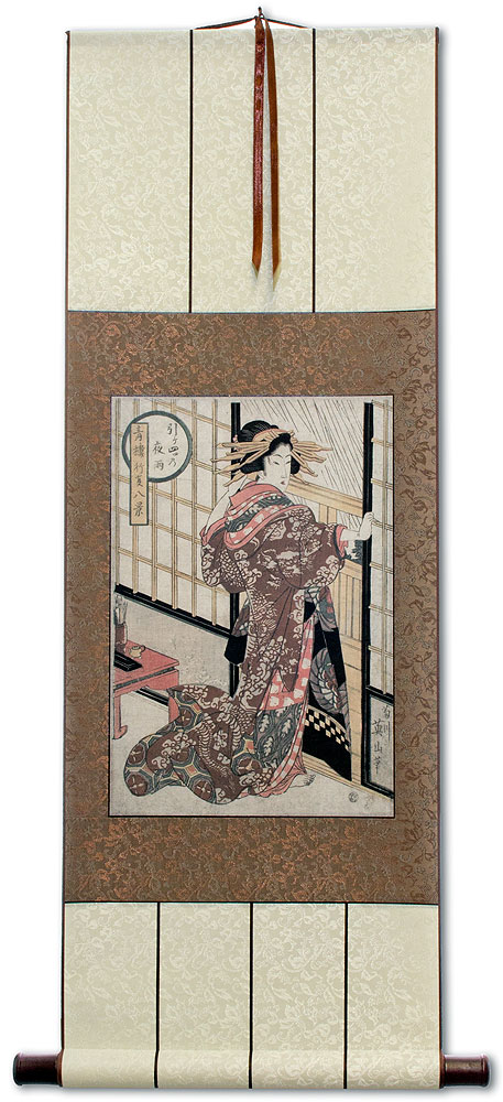 Geisha - Midnight Rain - Shoji Screen - Japanese Woodblock Print Repro - Wall Scroll