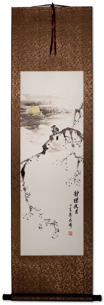 Listening Quietly to the Night Moon - Bird on Branch - Wall Scroll