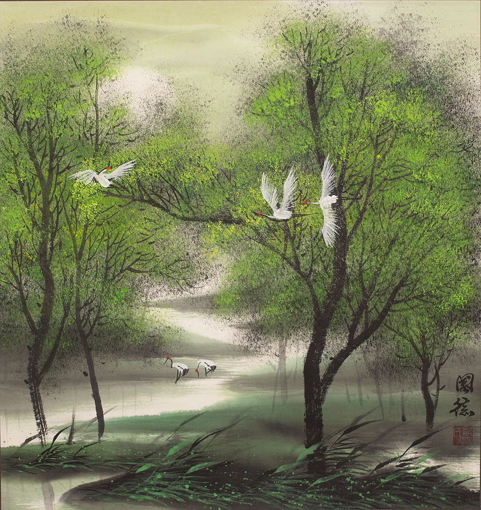 Chinese Cranes in the Jungle Landscape Painting