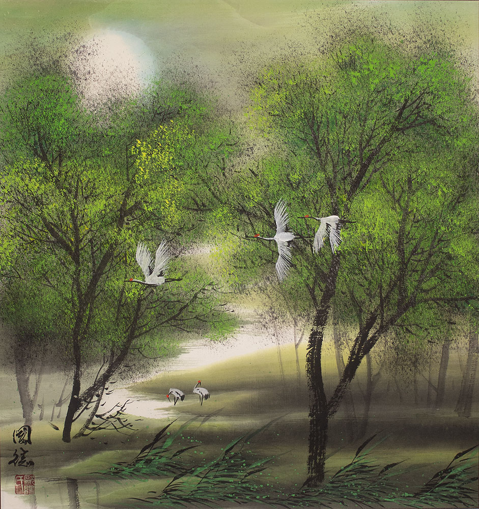 Asian Cranes in the Jungle Landscape Painting