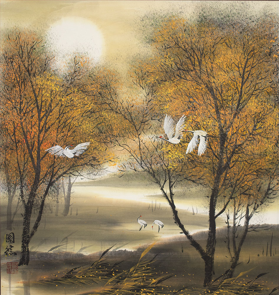 Cranes in the Autumn Landscape Painting