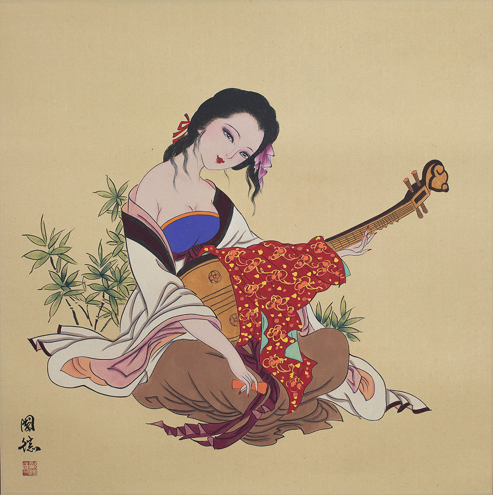Antique-Style Chinese Woman Playing Lute Painting