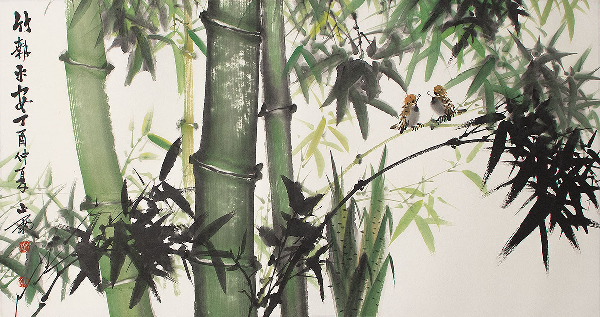 Birds and Green Bamboo - Chinese Painting