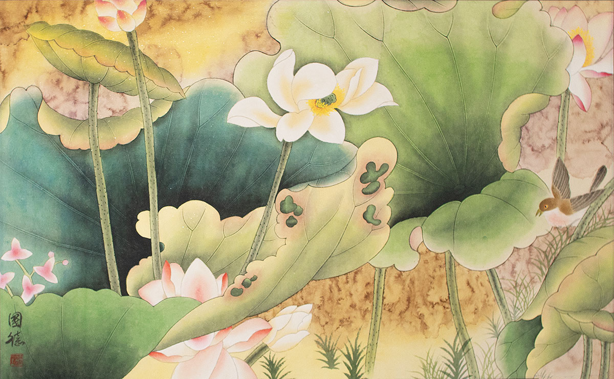Little Bird in the Lotus - Asian Watercolor Masterpiece Painting