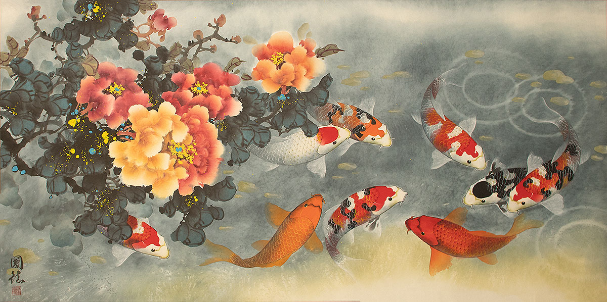 Extra-Wide Koi Fish and Peony Painting