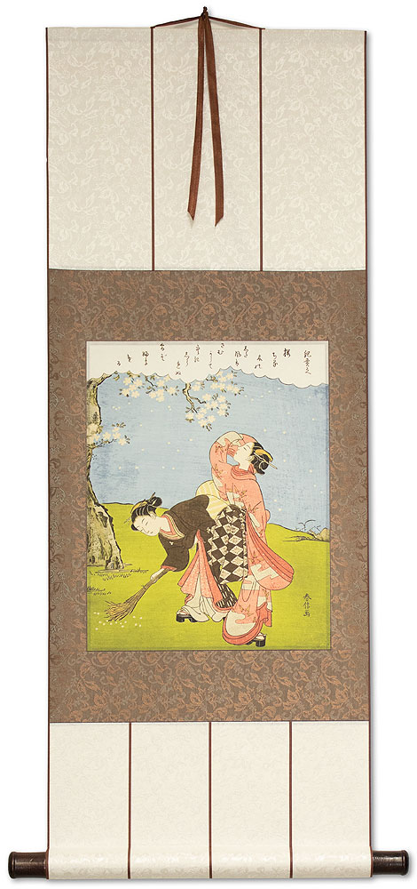 Young Women Beneath a Cherry Tree - Japanese Print Repro - Wall Scroll