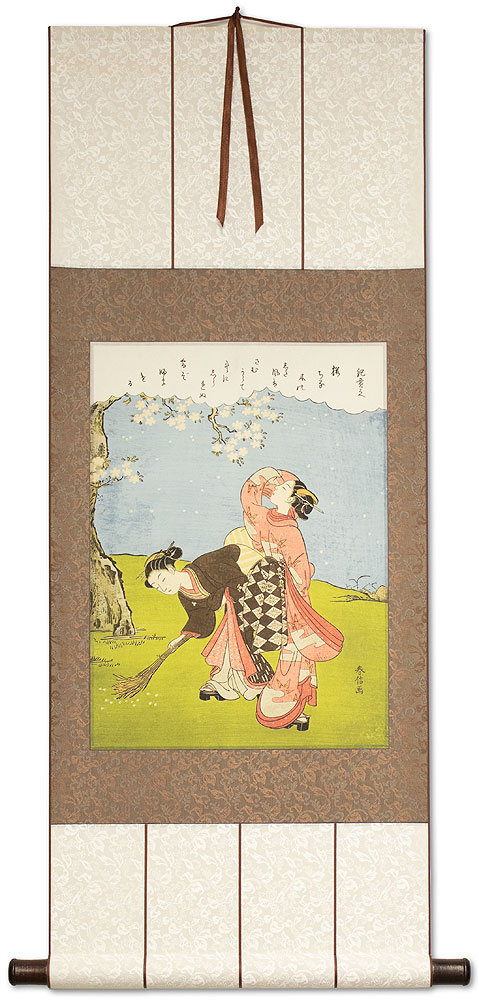 Young Women Beneath a Cherry Tree - Japanese Print Repro - Wall Scroll