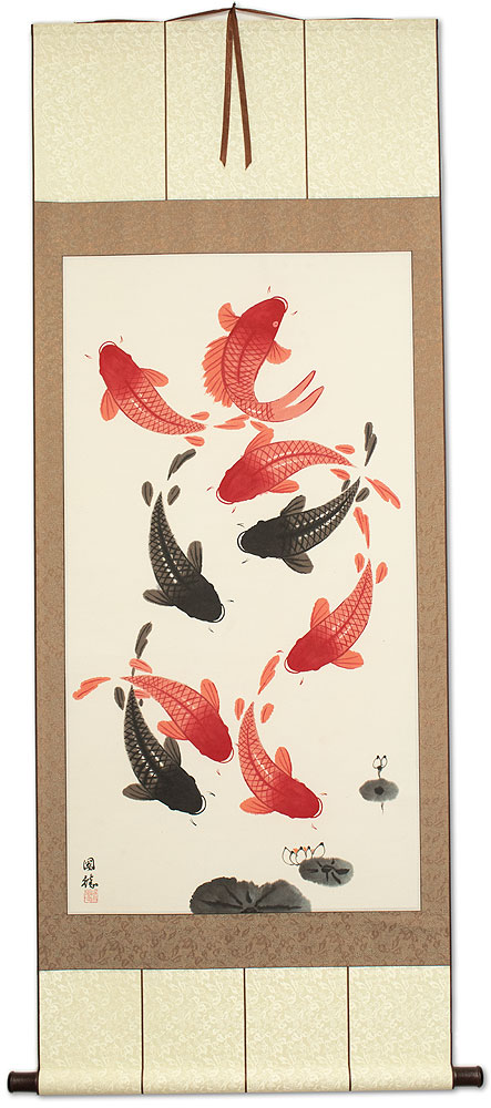 Nine Koi Fish Wall Scroll