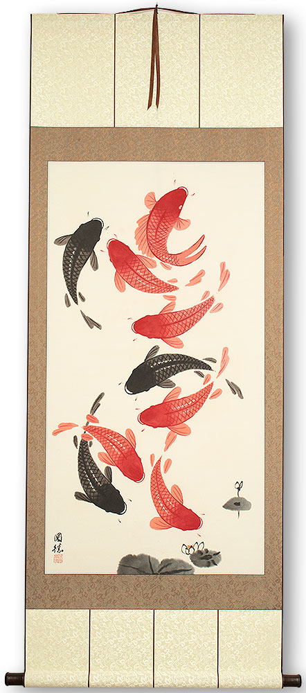 Nine Koi Fish Wall Scroll