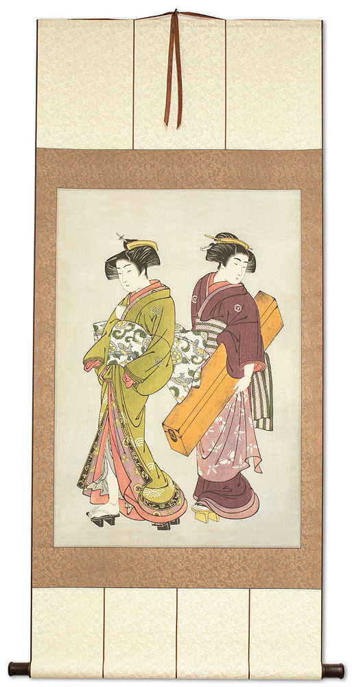 Geisha & Servant Carrying Shamisen - Japanese Print - Jumbo Wall Scroll