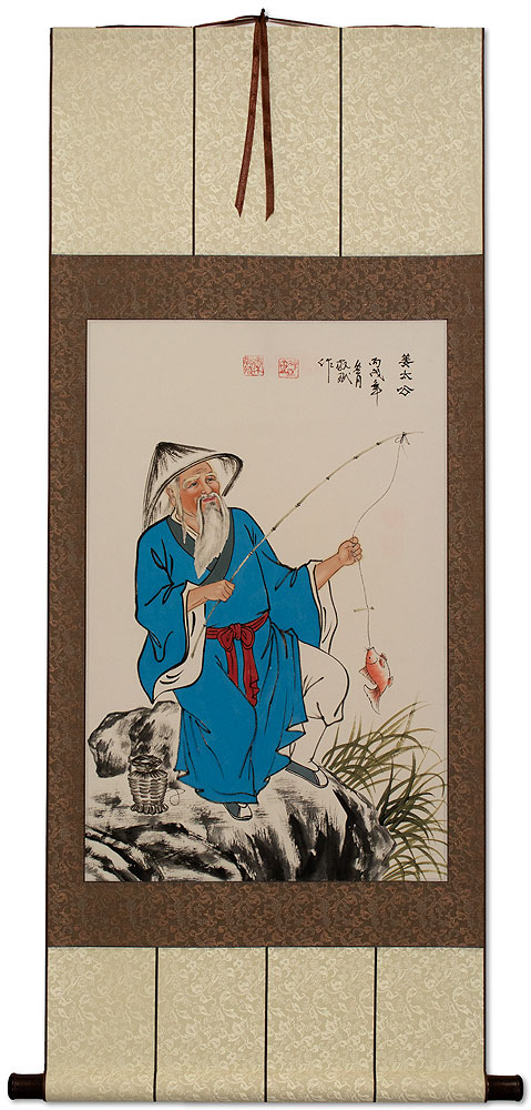 Old Wise Man Fishing Wall Scroll