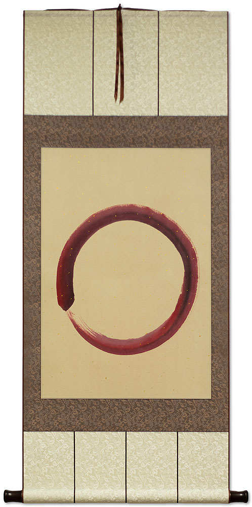 Enso - Buddhist Circle - Red on Tan Paper - Wall Scroll
