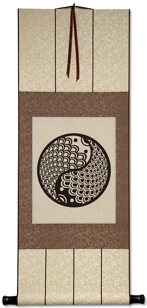 Yin Yang Fish Print on Handmade Grass Fiber Paper - Wall Scroll