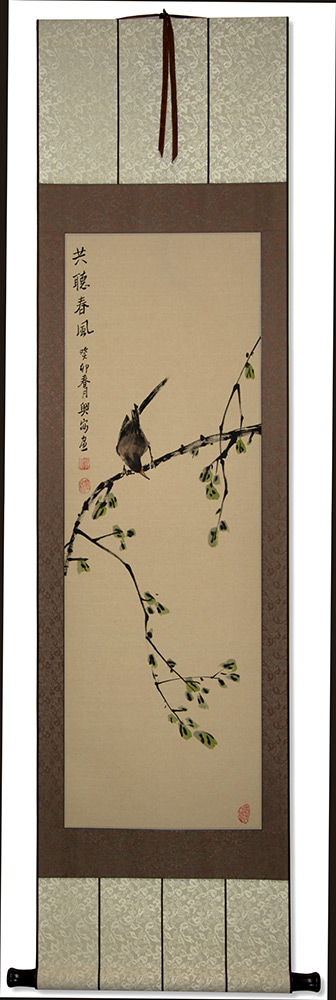 Listen to the Spring Breeze - Bird on Branch Wall Scroll