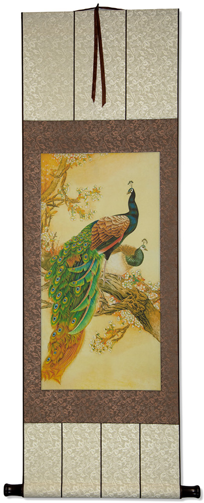 Antique-Style Peacock and Peahen Print Wall Scroll