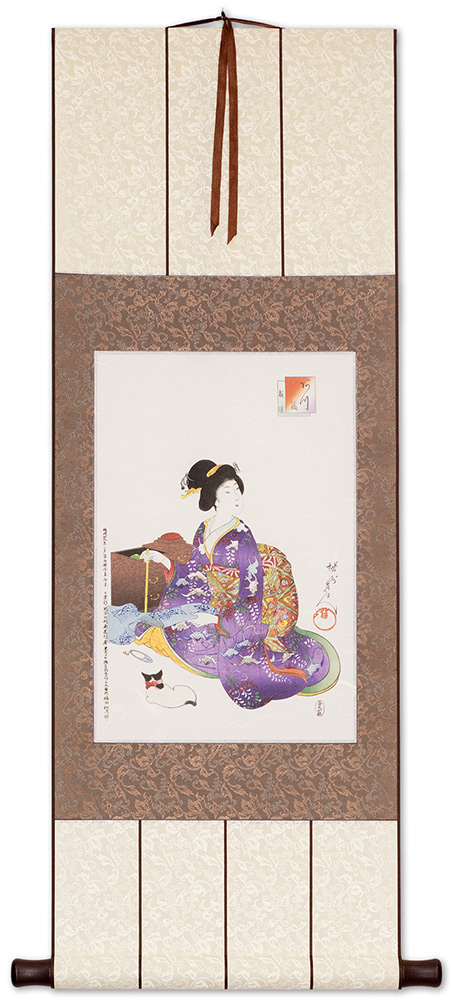 Woman Sewing - Japanese Woodblock Print Repro - Wall Scroll