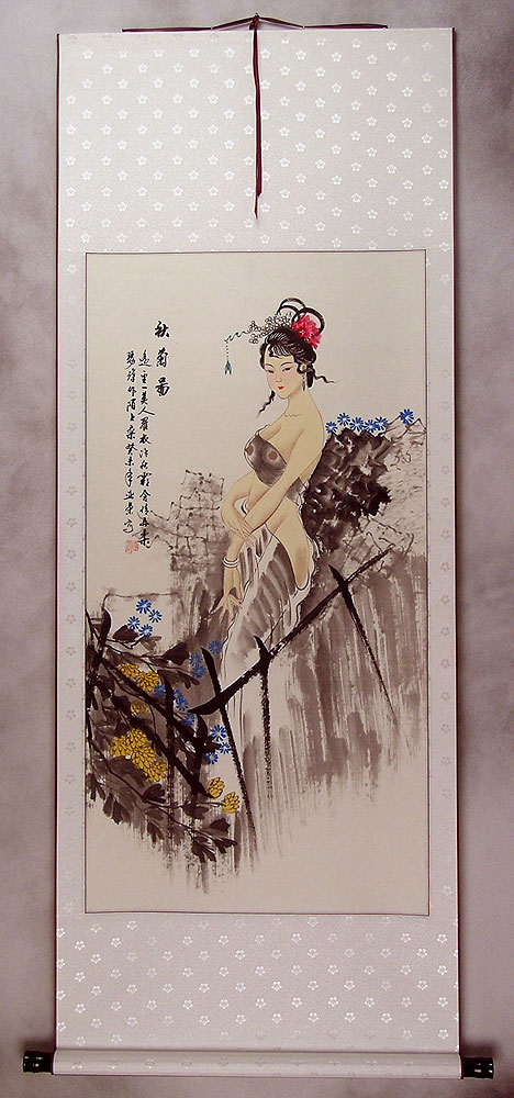 Autumn Chrysanthemum Semi-Nude Sexy Asian Woman Wall Scroll