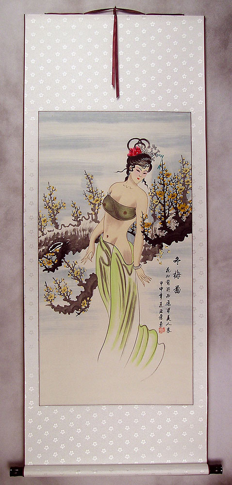 Winter Plum Blossom Semi-Nude Sexy Asian Woman Wall Scroll
