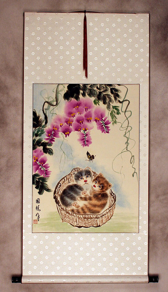 Kittens in a Basket - Asian Scroll