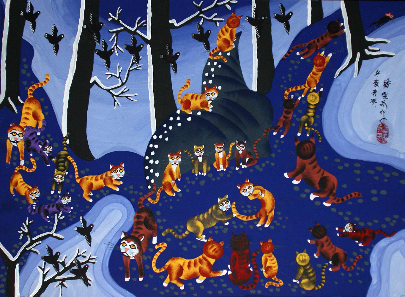 Crazy Night of Cats - Chinese Folk Art Painting