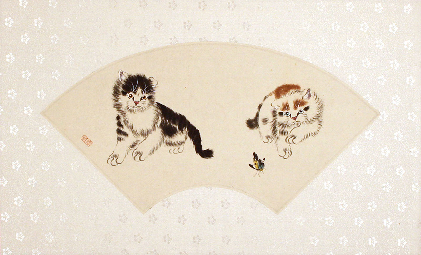 Fan-Style Kittens and Butterfly Painting