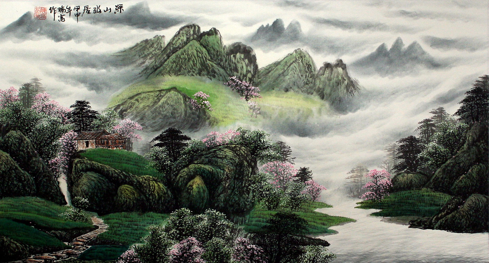 Chinese Riverside Village Home Landscape Painting