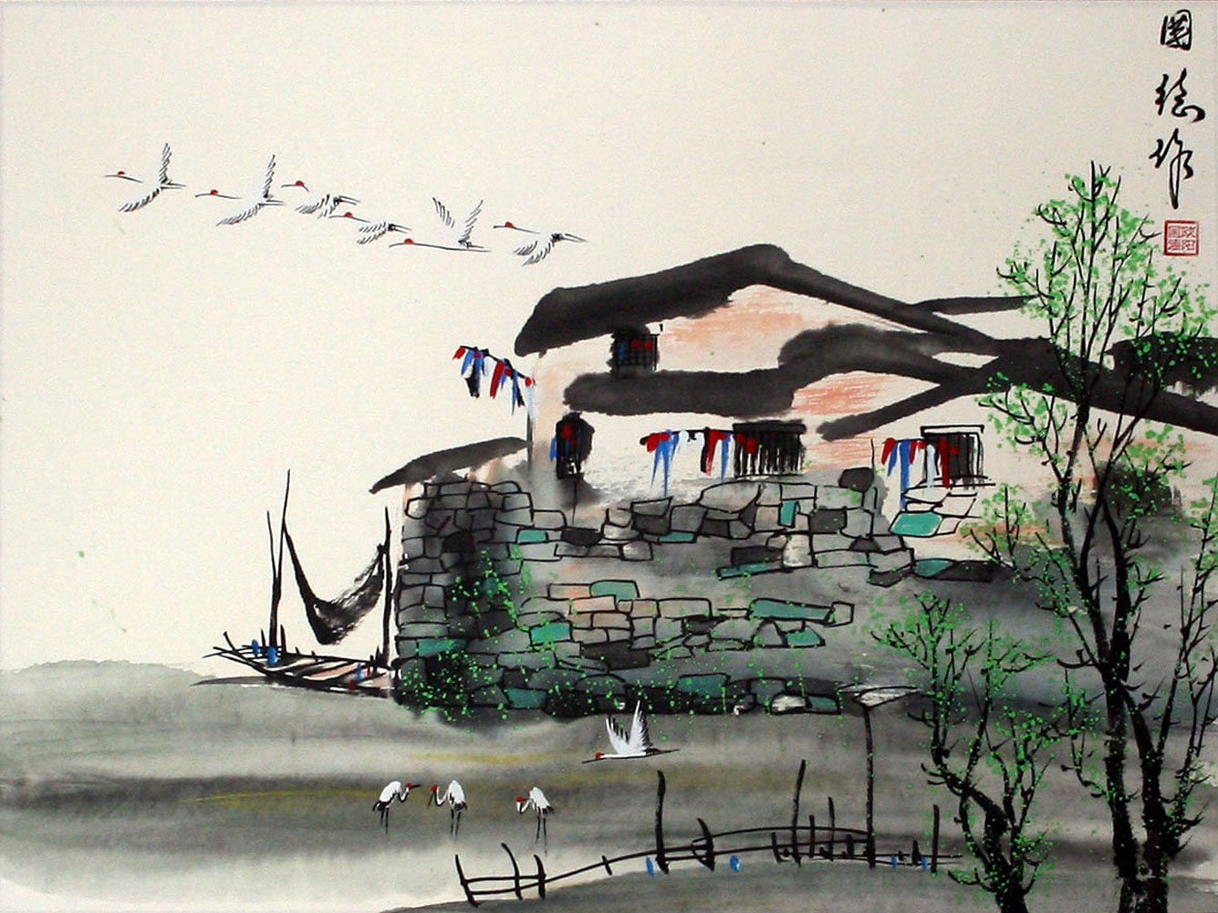 Birds Over Suzhou - Chinese Canal Town Painting