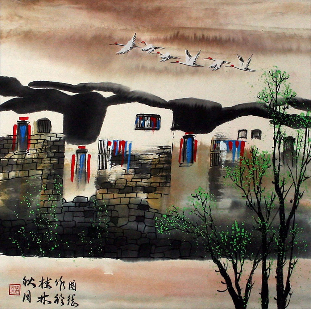Birds Over Suzhou Waterways - Chinese Venice Painting