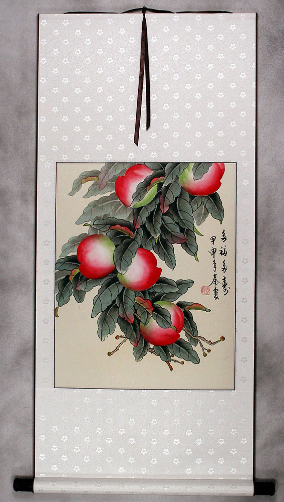 Many Good Wishes and a Very Long Life Peach Tree Wall Scroll