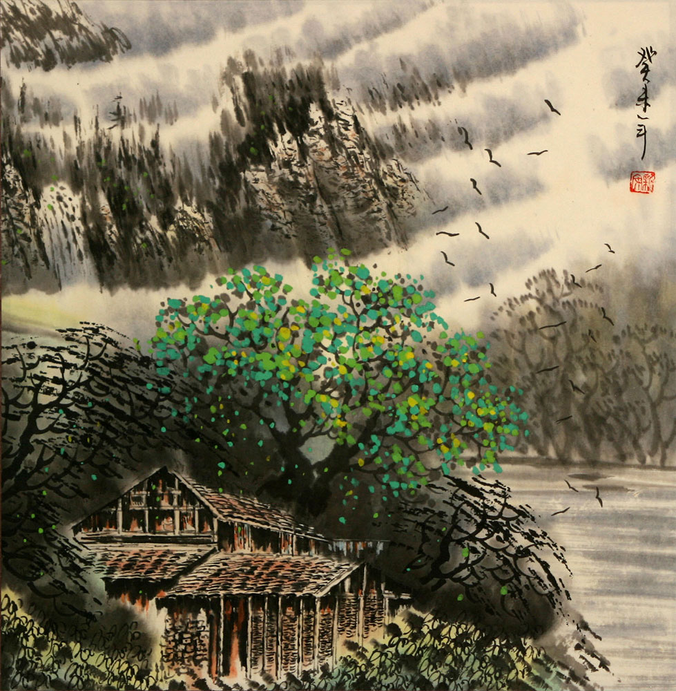 Springtime Riverside Village Landscape Painting